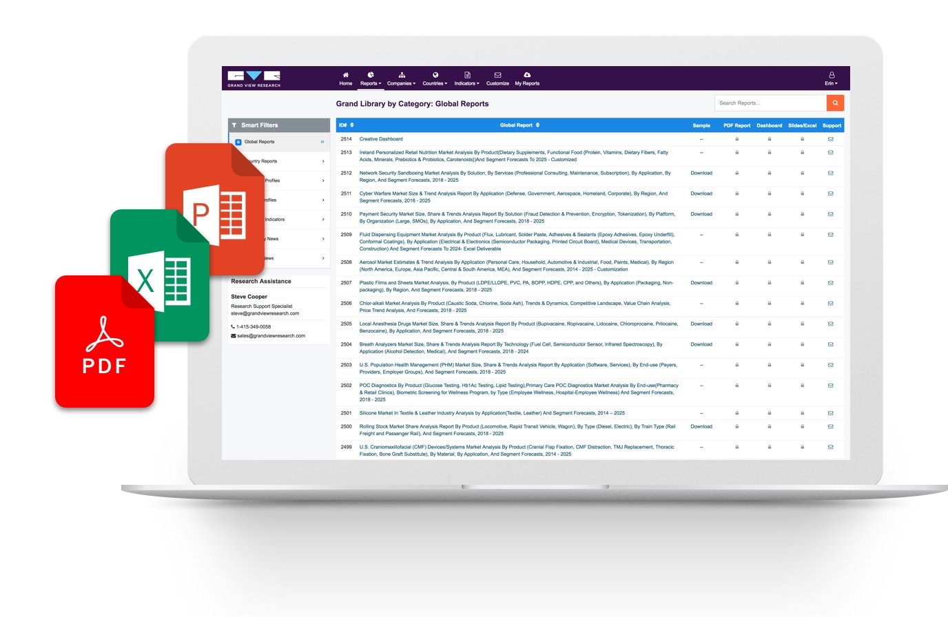 Every report available online in PDF, XLS, PPT